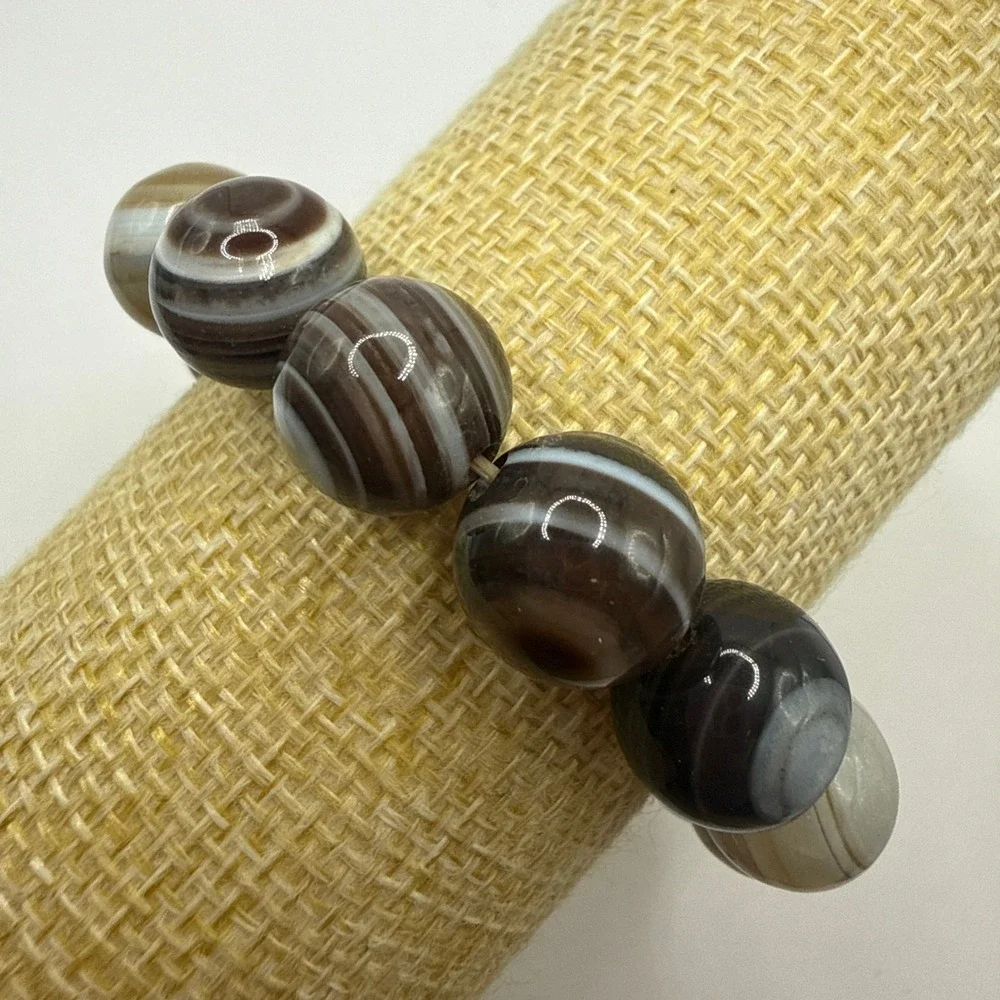 Boho Minimalist Earth Tone Banded Agate Beaded Stretch Bracelet